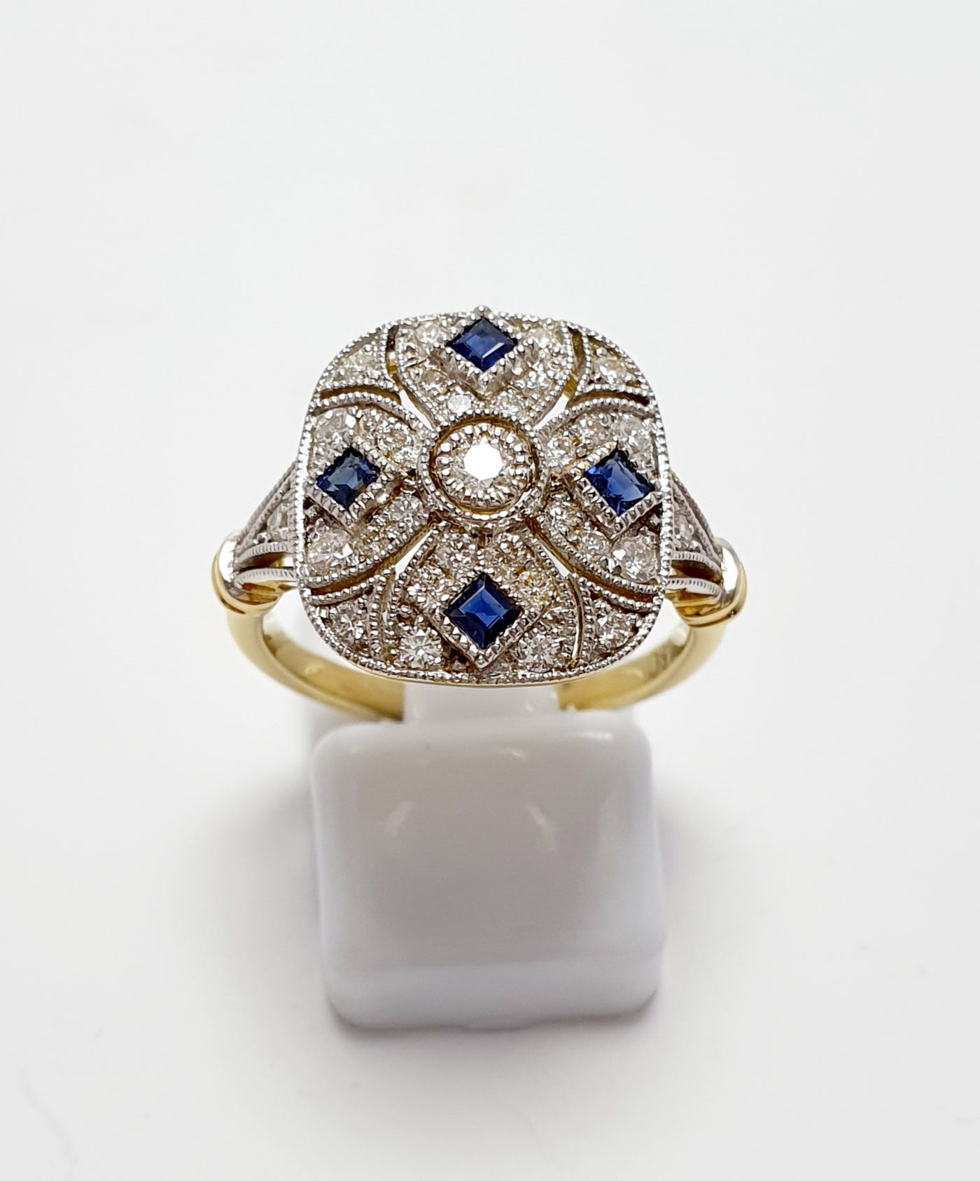 18Ct Yellow Gold And White Gold Art Deco Style Ring Set With Sapphires 0.30Ct And Diamonds 0.36Ct