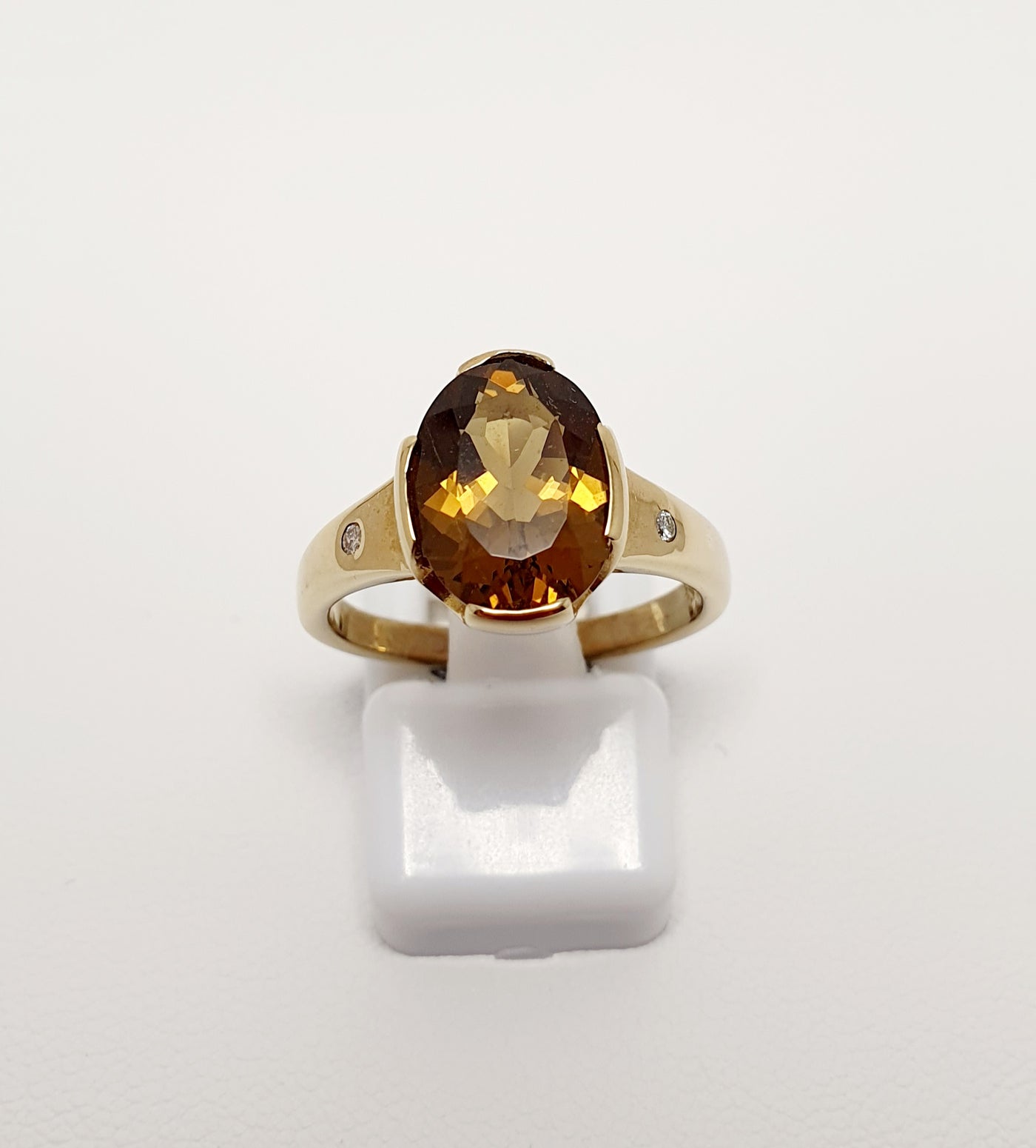 9Ct Yellow Gold Oval Cognac Quartz Ring With Diamond Accents