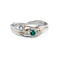 Handmade Sterling Silver Emerald & Pearl Ring size Q