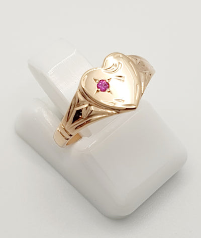 9ct Rose Gold, Heart Signet Ring with Red Stone. Size F