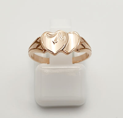 9ct Rose Gold, Double Heart Signet Ring. Size H