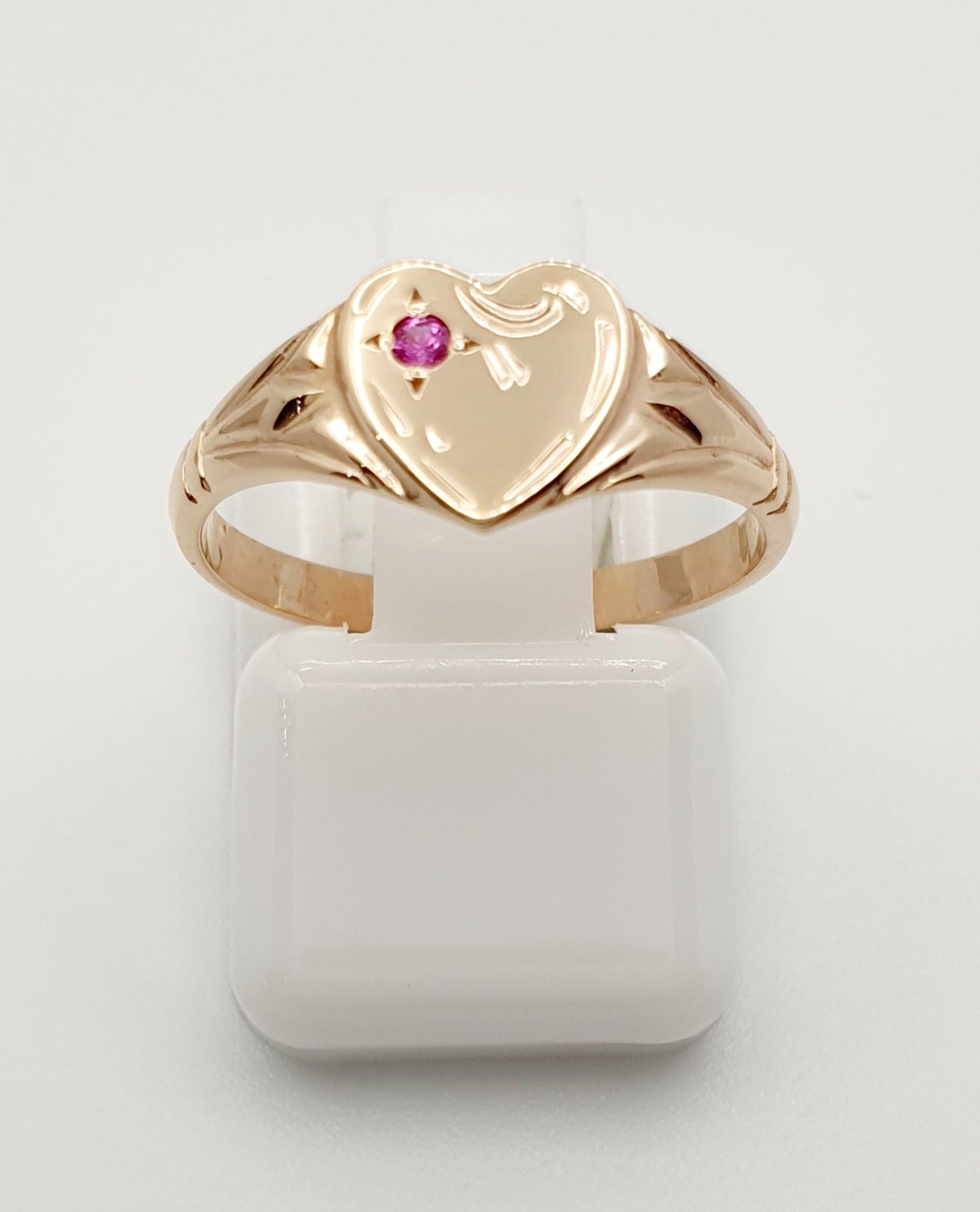 9ct Rose Gold, Heart Signet Ring with Red Stone. Size H 1/2