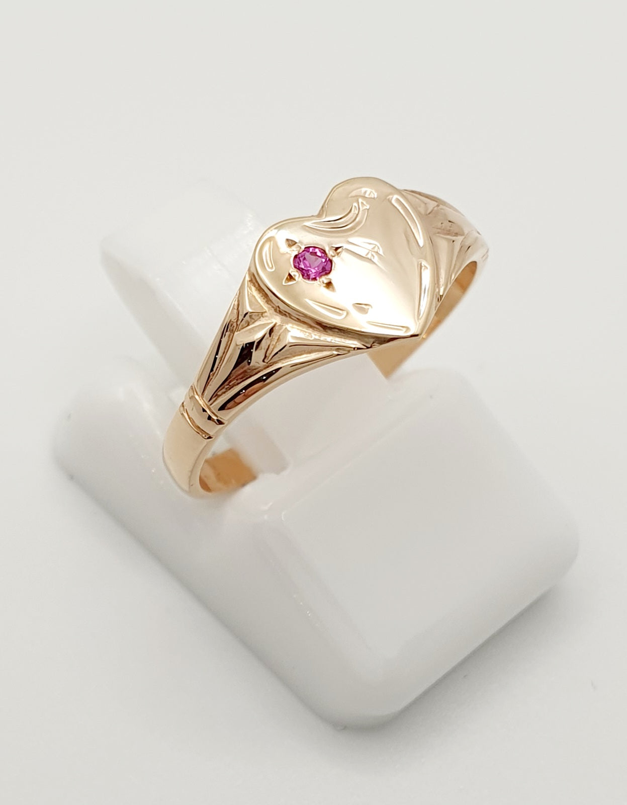 9ct Rose Gold, Heart Signet Ring with Red Stone. Size H 1/2