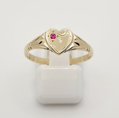 9ct Yellow Gold Heart Signet Ring with Red Stone. Instock Sizes, N, O, P, Q