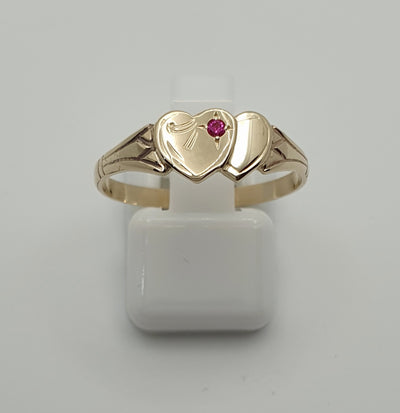 9ct Yellow Gold, Double Heart Signet Ring With Red Stone
