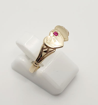 9ct Yellow Gold, Double Heart Signet Ring With Red Stone