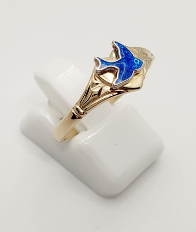 9ct Yellow Gold Signet Ring With S/S Enamel Bluebird. Available in Size O 1/2 and Q.