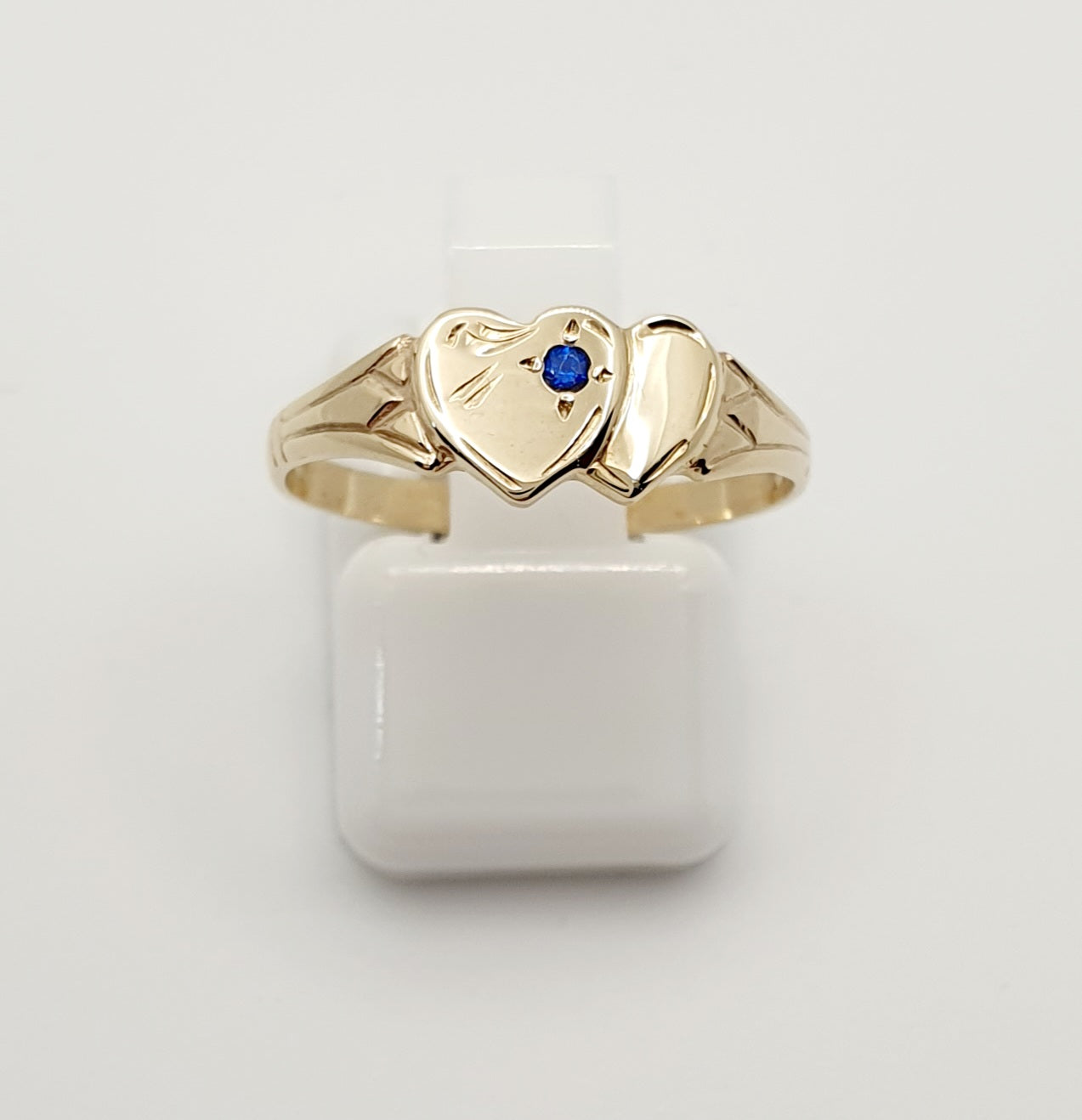 9ct Yellow Gold Signet Ring with Double Heart and Blue Stone. InStock Sizes E 1/2, G, H, M