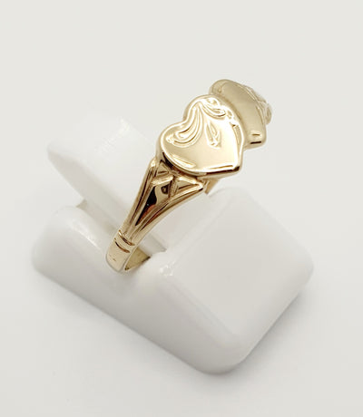 9ct Yellow Gold Signet Rings. Single Heart Size J, Double Hearts Sizes E 1/2 & L 1/2