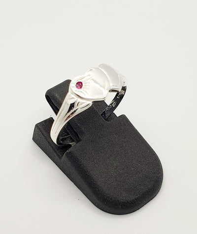 S/S Double Heart Signet Ring With Red Stone. Size J