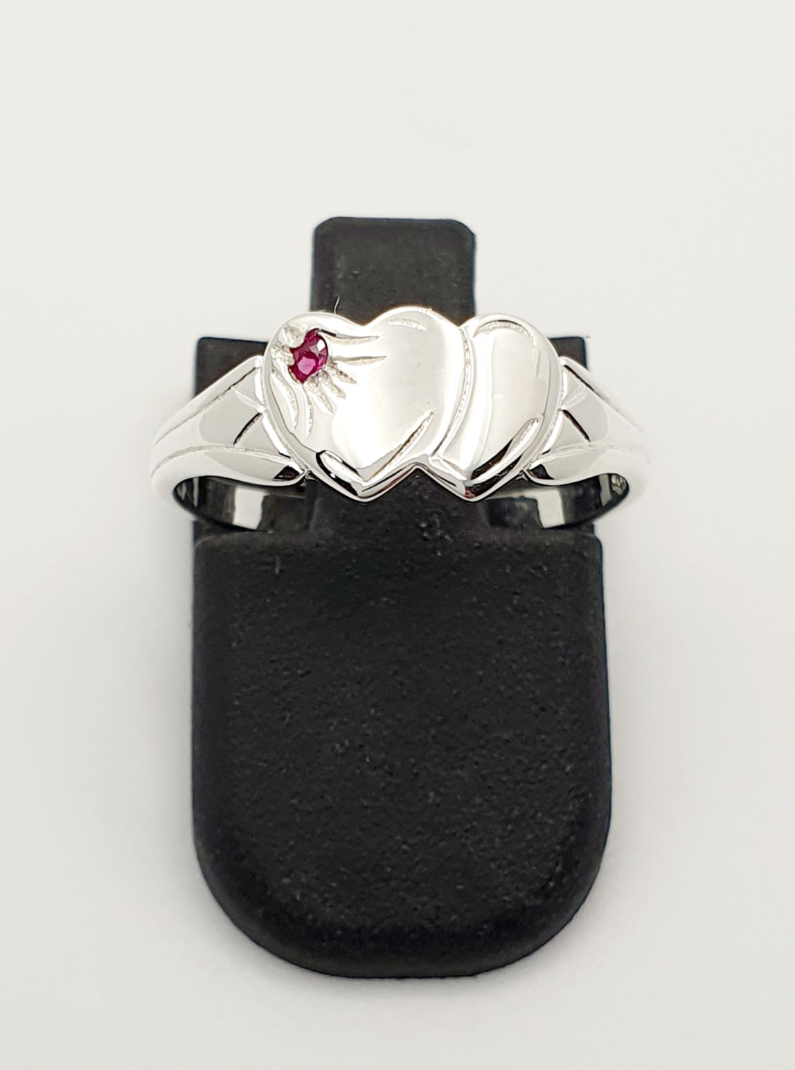 S/S Double Heart Signet Ring With Red Stone. Size K