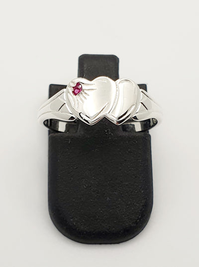 S/S Double Heart Signet Ring With Red Stone. Size K