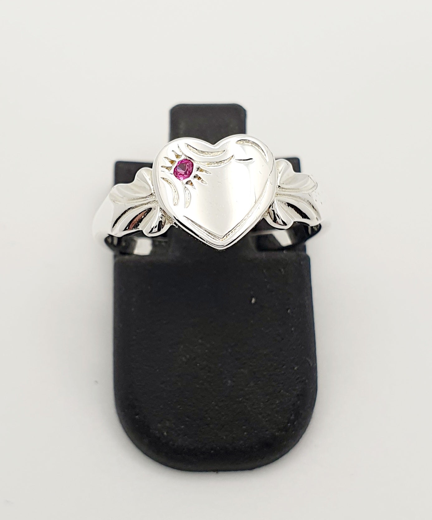 S/S Heart Signet Ring With Red Stone. Size J