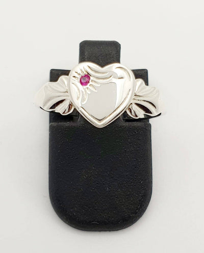 S/S Heart Signet Ring With Red Stone. Size M