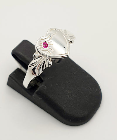 S/S Heart Signet Ring With Red Stone. Size M