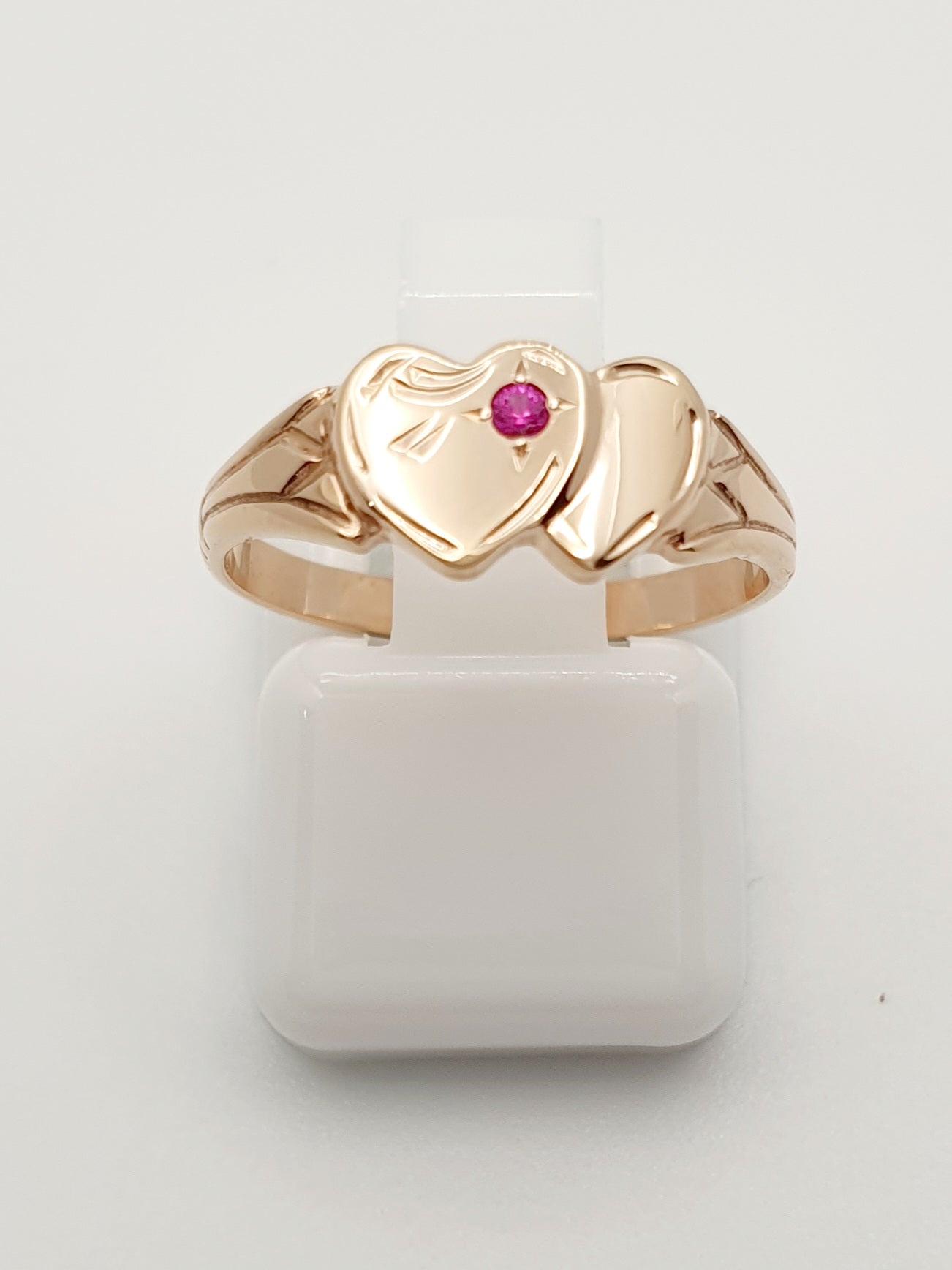 9ct Rose Gold, Double Heart Signet Ring with Red Stone. Size H