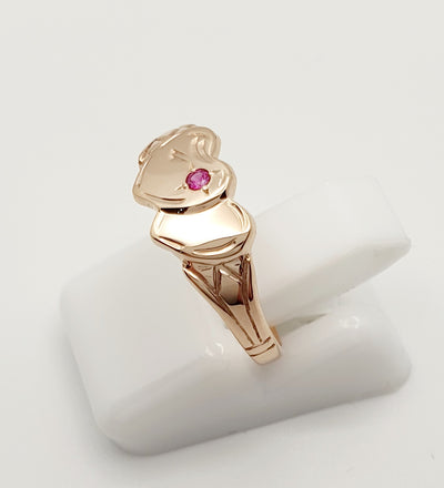 9ct Rose Gold, Double Heart Signet Ring with Red Stone. Size H