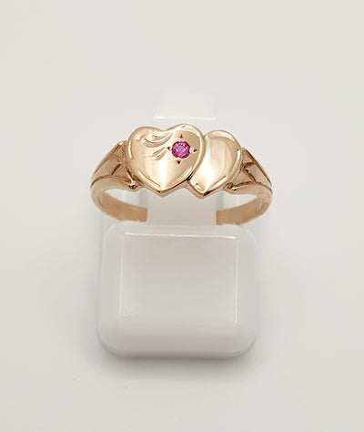 9ct Rose Gold, Double Heart Signet Ring with Red Stone. Size F