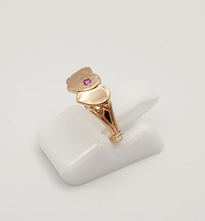 9ct Rose Gold, Double Heart Signet Ring with Red Stone. Size F
