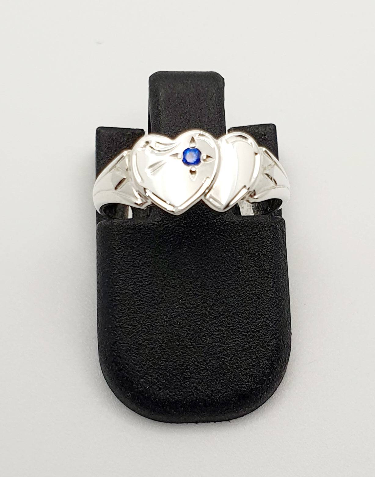 S/S Double Heart Signet Ring With Blue Stone. Size E