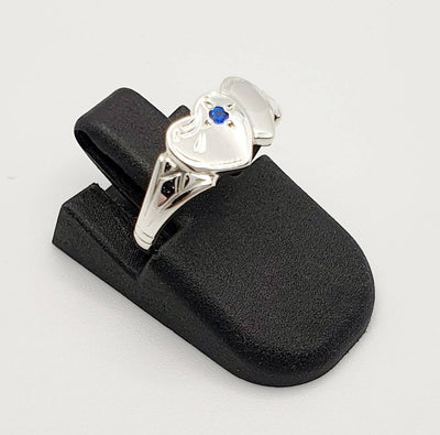 S/S Double Heart Signet Ring With Blue Stone. Size E