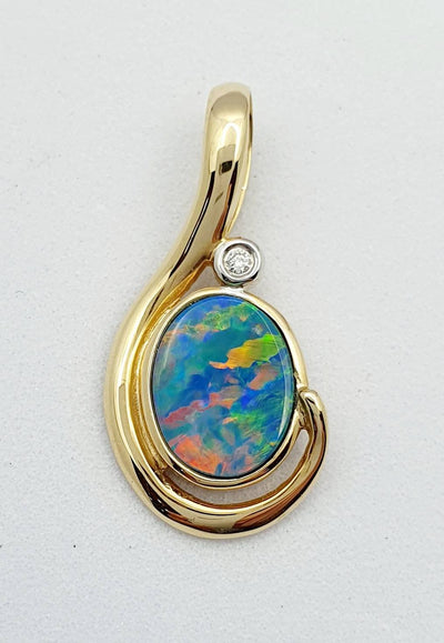 14ct Yellow Gold, Black Opal and Diamond Pendant