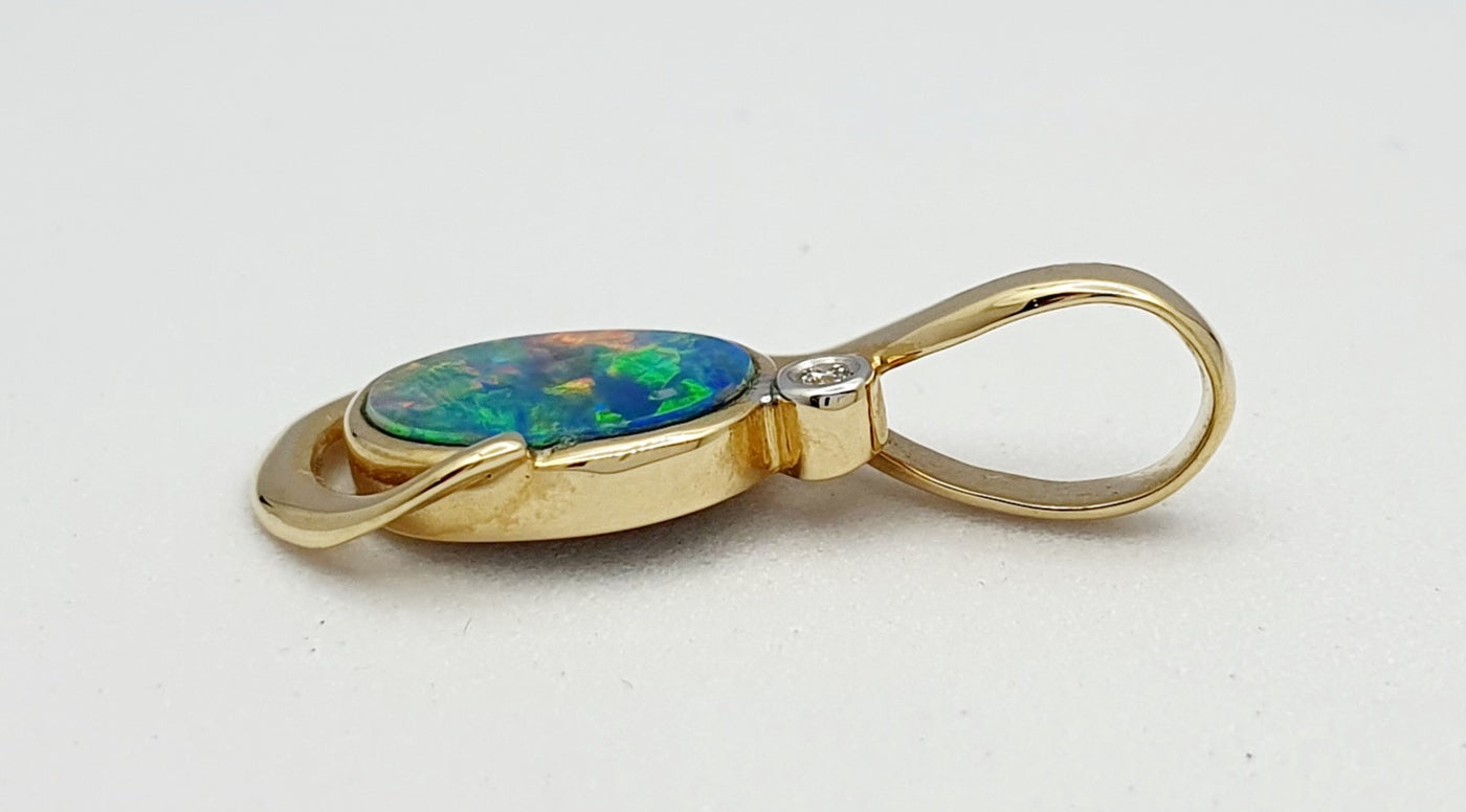 14ct Yellow Gold, Black Opal and Diamond Pendant