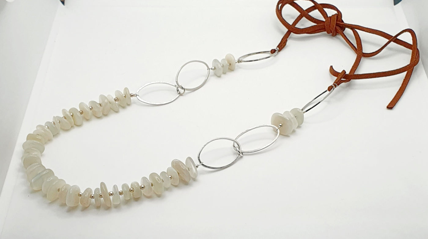 Sterling Silver & Moonstone Necklace with Brown Faux Suede Leather 110cm.