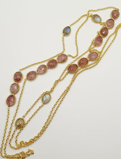 S/S, 18K Yellow Gold Plated (0.3 microns) Labradorite & Stawberry Quartz Necklace 90cm