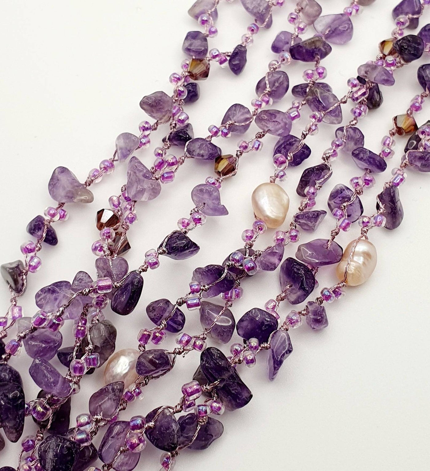 Japanese Silk Combination of Amethyst, Crystals & Freshwater Pearls Strand 150cm