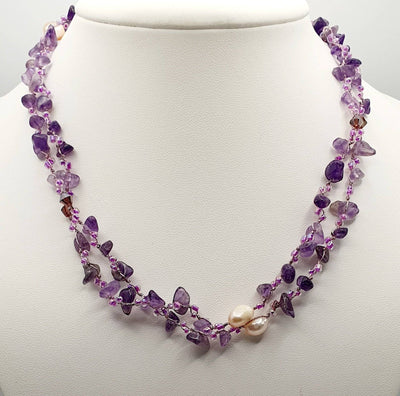 Japanese Silk Combination of Amethyst, Crystals & Freshwater Pearls Strand 150cm