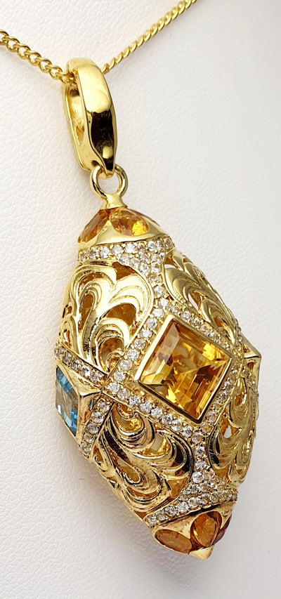 Handmade Silver & Gold Plated large Oval Citrine & Topaz Enhancer Pendant