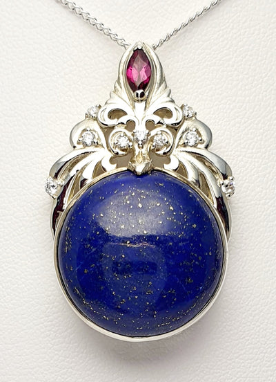 Handmade Silver 20mm round Lapis/Garnet/Zircon Pendant