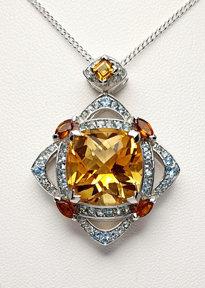 Handmade Silver, Checkerboard Cushion Cut Citrine & BlueTopaz Pendant