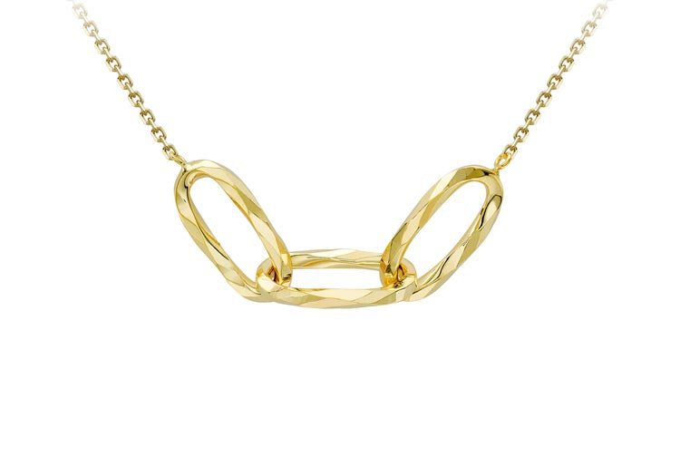 9ct Yellow Gold, Diamond Cut, Hollow Oval Linked Pendant on 43-46cm Adjustable Chain