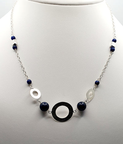 Sterling Silver Lapis Lazuli Necklace with Silver Circle and Square Matte Accents 87.5cm