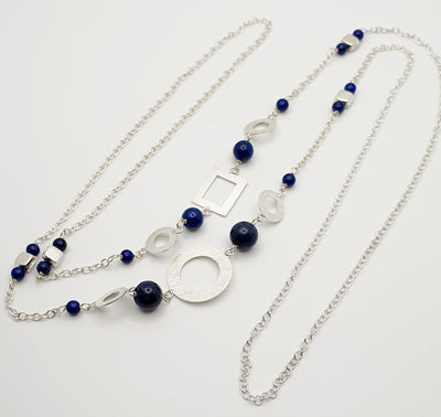 Sterling Silver Lapis Lazuli Necklace with Silver Circle and Square Matte Accents 87.5cm