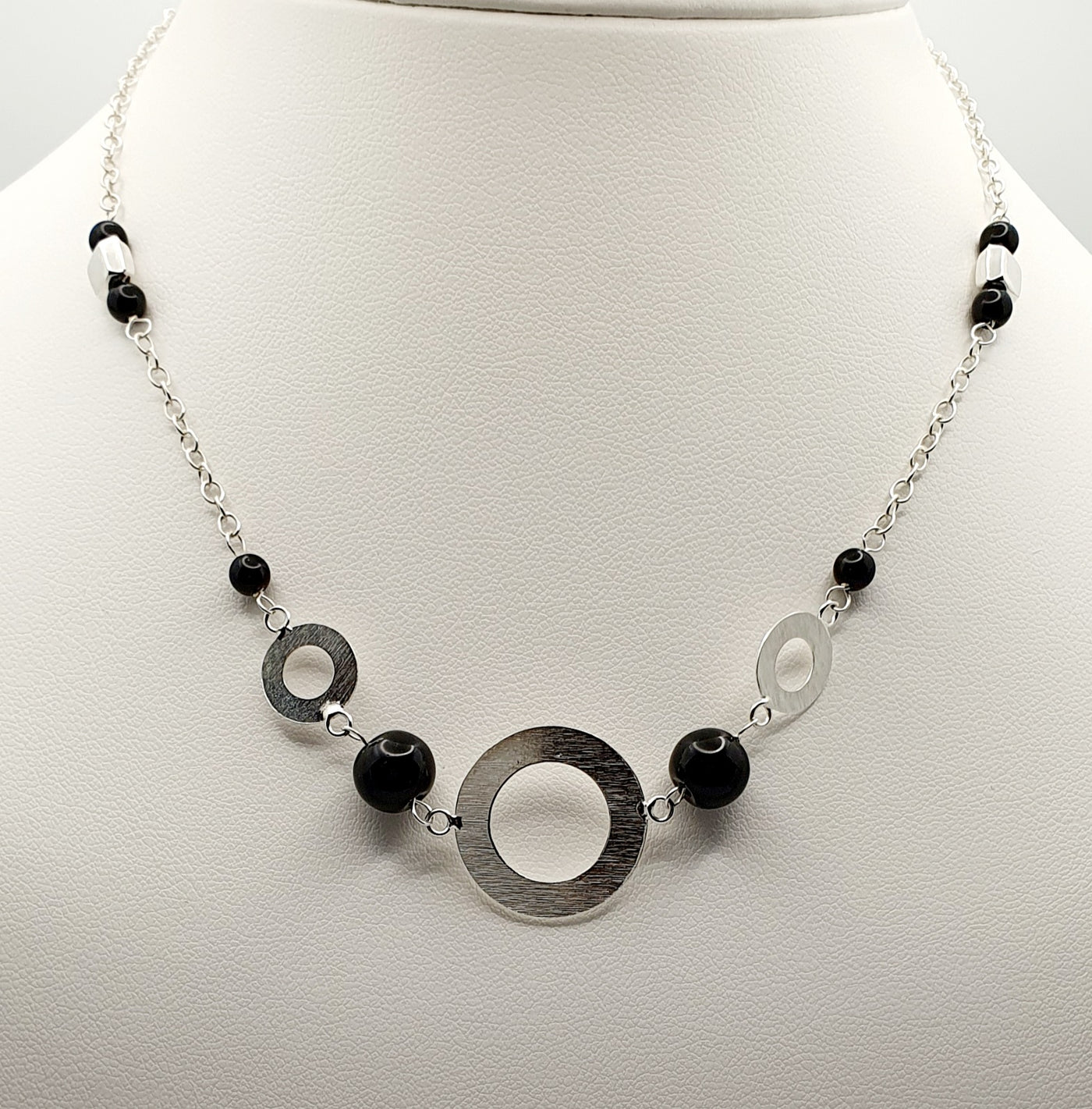 Sterling Silver Onyx Bead Necklace with Silver Circle and Square Matte Accents 87.5cm