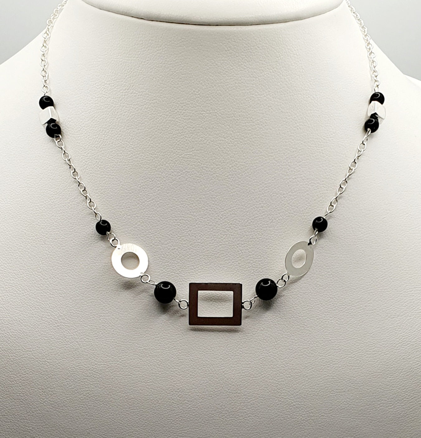 Sterling Silver Onyx Bead Necklace with Silver Circle and Square Matte Accents 87.5cm