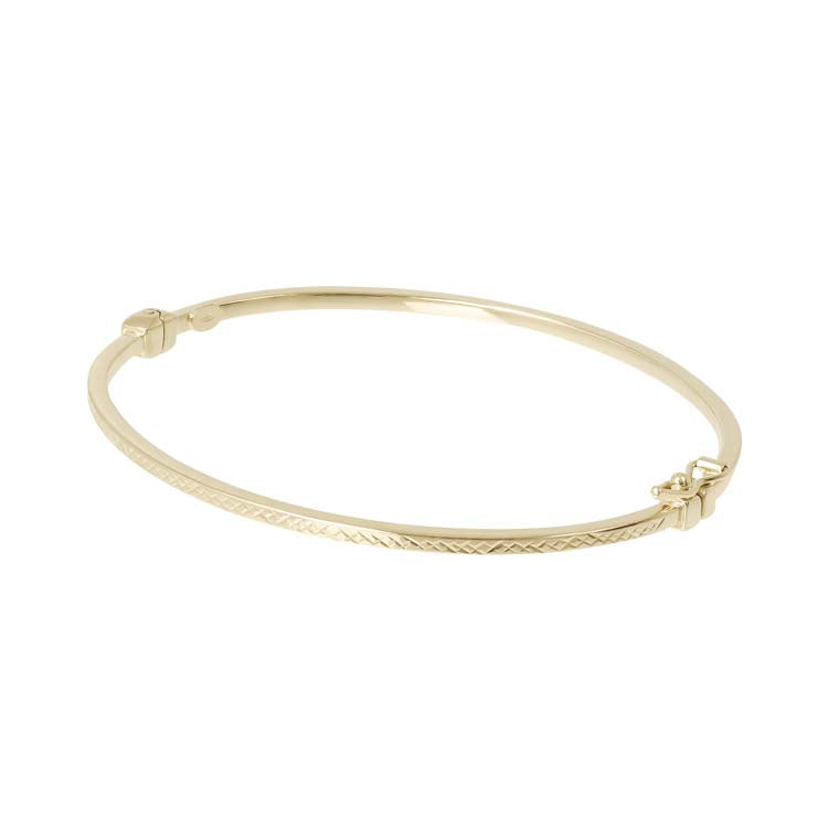 9ct Yellow Gold Hollow, Square Tube Bangle with Diamond Cut Pattern 60mm