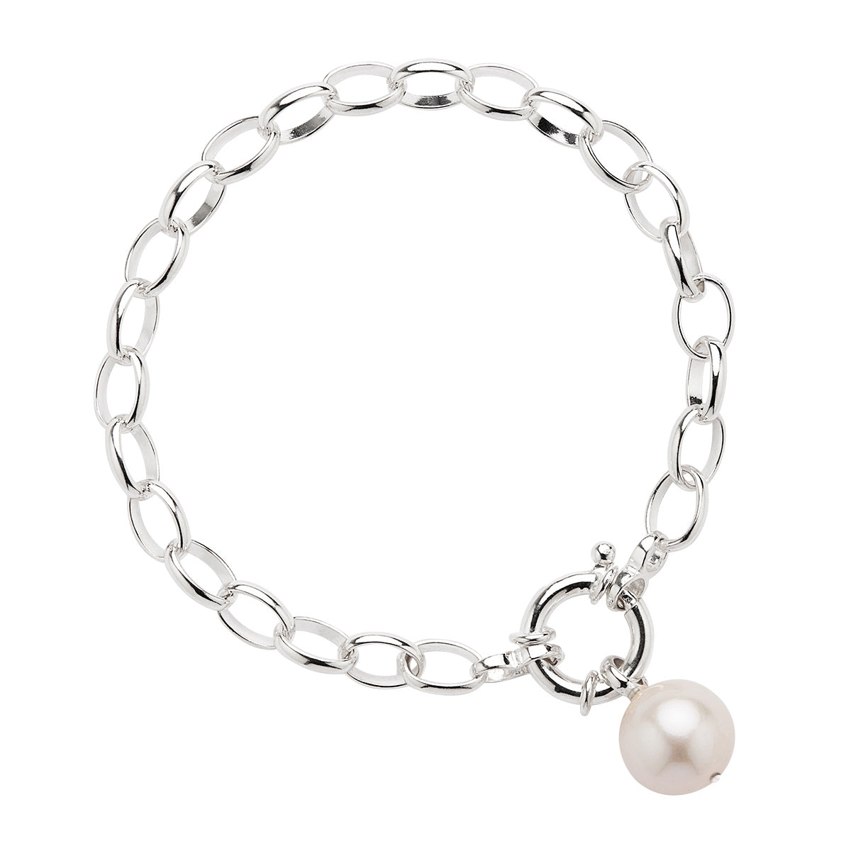 6X10mm Silver Oval Links, Chain Bracelet With Bolt Ring Clasp & 12Mm F/W Round Pearl Pendant, 20.5Cm, Antitarnish