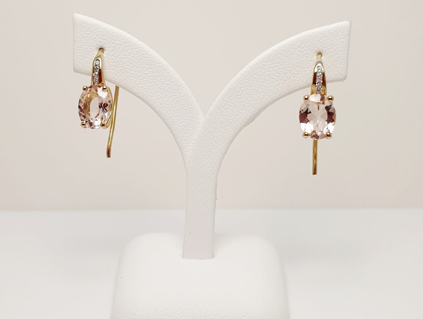 9Ct Yellow Gold Morganite And Diamond Earrings On Shepherd Hooks 0.10Ct Tdw