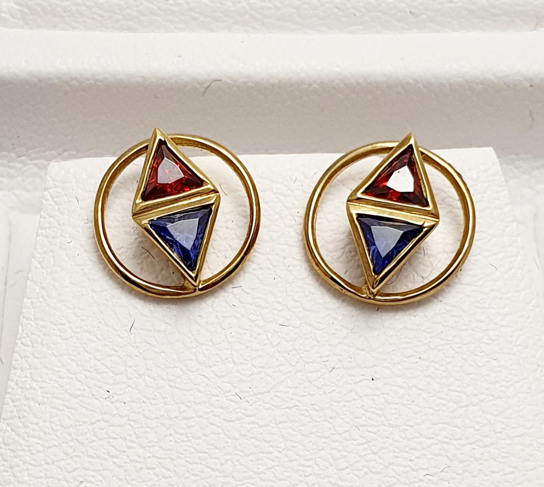 9Ct Yellow Gold Stud Earrings With Red And Blue Cubic Zirconias