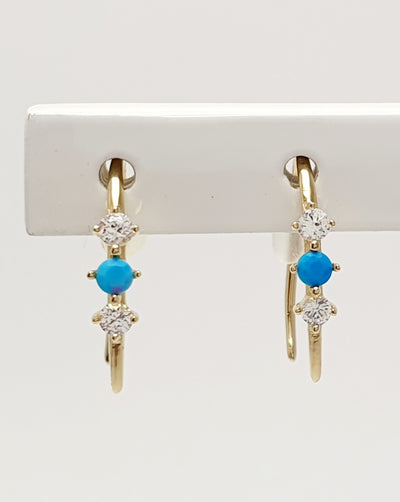 14K Yellow Gold Turquoise Cabochon and White Sapphire Hook Earrings