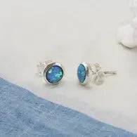 Handmade Sterling Silver Blue Opal Gemstone Stud Earrings