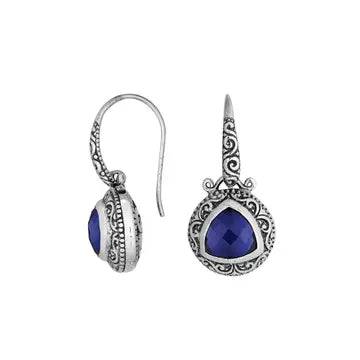 Sterling Silver Trillion Cut Natural Saphhire ornate Sheherd hook Earrings