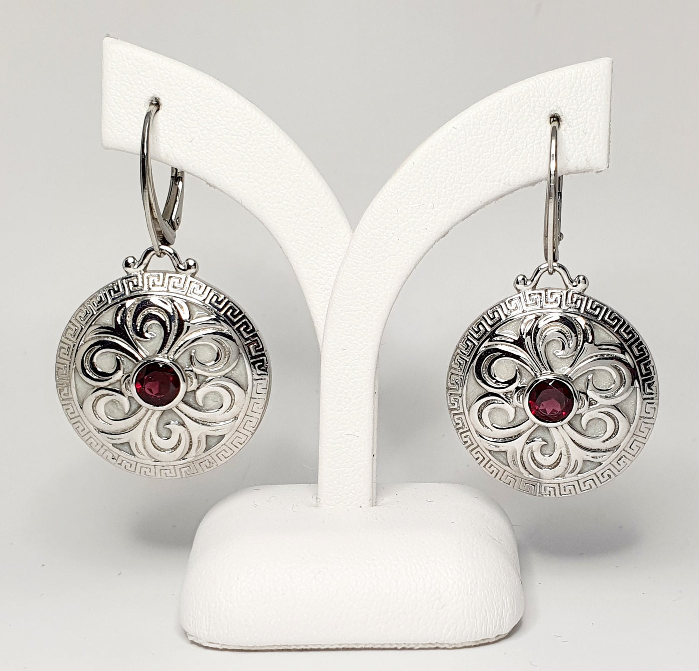 Handmade Silver Large Round Patterned & Enamel, Garnet Leverback Hook Earrings