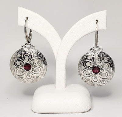 Handmade Silver Large Round Patterned & Enamel, Garnet Leverback Hook Earrings