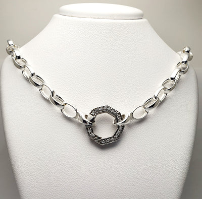 Handmade Sterling Silver, 66cm Solid Oval Belcher Chain with Zircon Set Euro Clasp