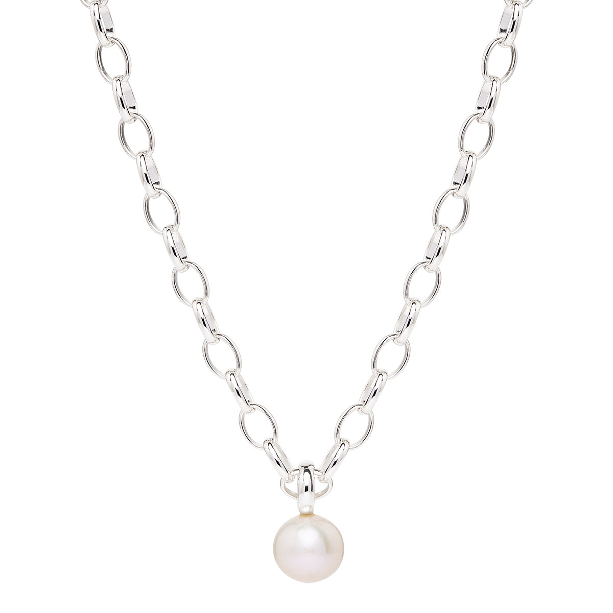 6X10mm Silver Oval Links, Chain Necklace With Bolt Ring Clasp & 12Mm F/W Round Pearl Pendant, 45Cm, Antitarnish